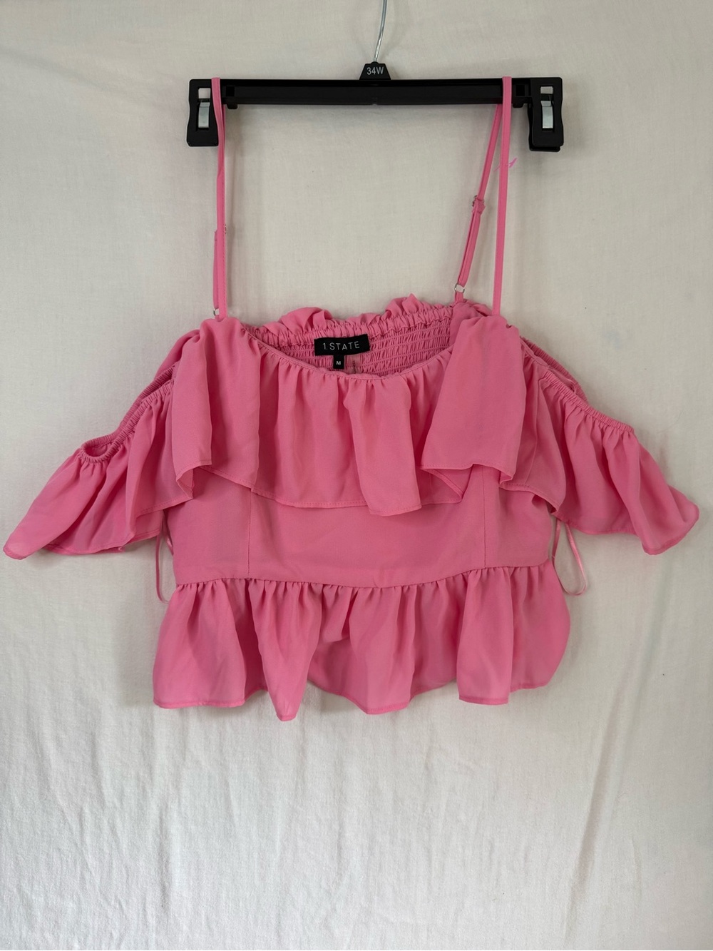 1. STATE Pink Off-Shoulder Ruffle Crop Top